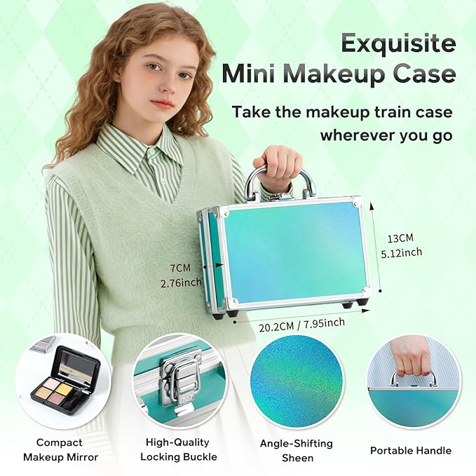 Color Nymph Beginner Makeup Kits For Teens With Train Case Included Full Makeup Kit Eyeshadow Palette Blushes Bronzer Highlighter Lipstick Brushes Mirror (Green)