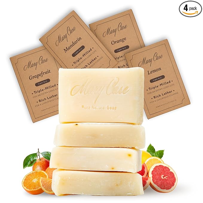 Mary Case Citrus Variety Bar Soap Set of 4 | Orange, Mandarin, Grapefruit & Lemon Natural Soaps | Vegan Bath Soap for Men & Women | Energizing, Brightening & Revitalizing Skin
