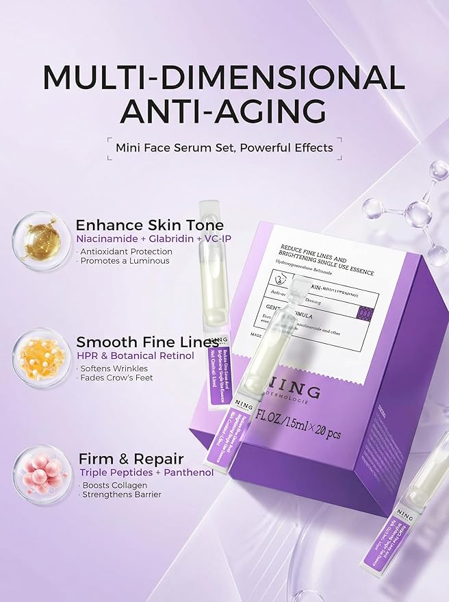 NING DERMOLOGIE Retinol Serum for Face - Anti Aging Serum with Peptides, Niacinamide - Collagen Booster Ampoules for Anti Wrinkles & Dark Spot, Reduce Fine Line - Single-Use Vials, 1.5ml/0.05 fl.oz*20