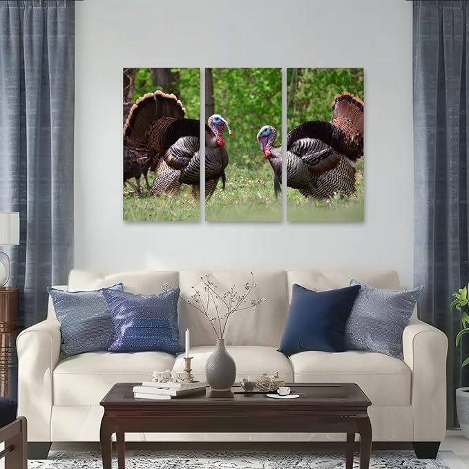 3 Piece Canvas Wall Art Prints Picture two male wild turkeys full tail feathers two female turkeys Framed Wall Painting Modern Artwork Poster Home Decor for Living Room Office Ready to Hang