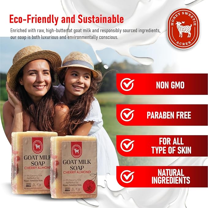 Honey Sweetie Acres 2-Pack of Cherry Almond Goat Milk Soap - Handmade 5 oz Bar, Made with Natural Ingredients, Moisturizing & Gentle, Made in the USA