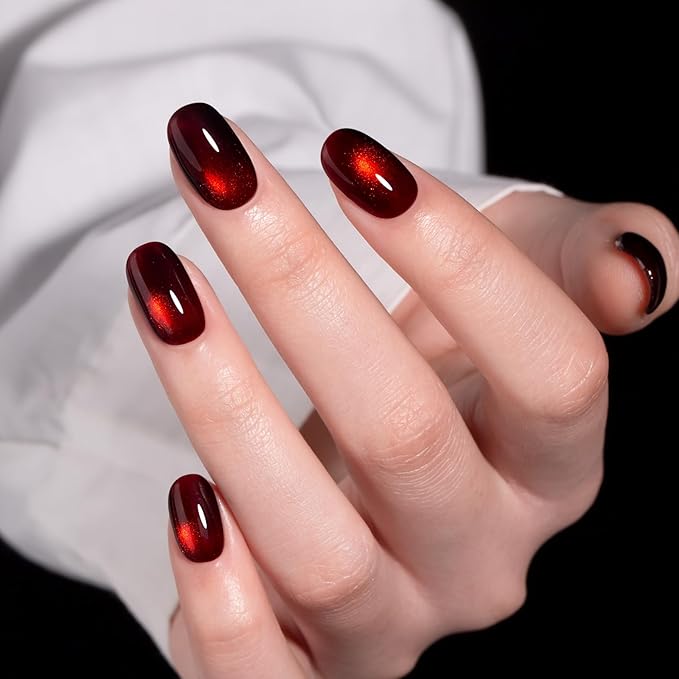 MAYCHAO 15ML Dark Cherry Red Cat Eye Gel Nail Polish 1Pc Cherry Bomb Cat Eye Gel Polish Soak off Holographic Magnetic Nail Polish for Nail Art Manicure Salon DIY at Home, 0.5 OZ