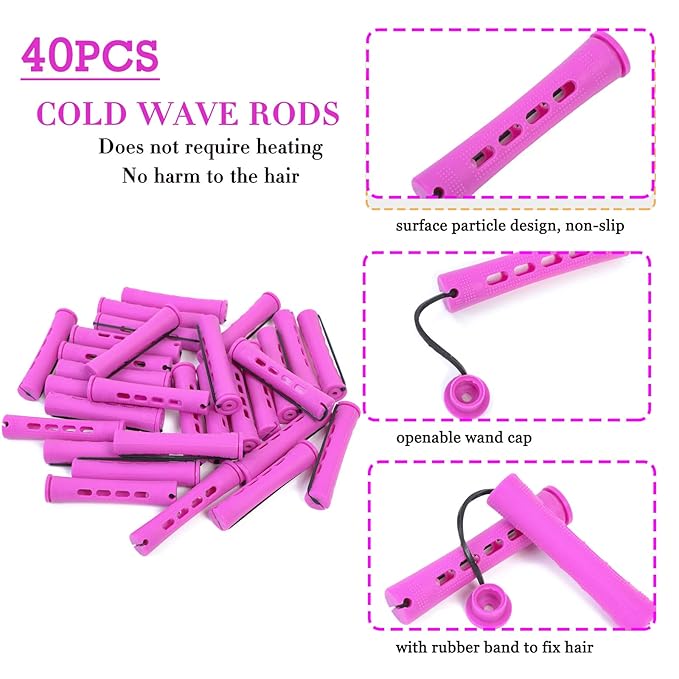 Perm Rods Set for Natural Hair 40pcs Plastic Cold Wave Rods for Long Short Hair Rollers Large Hair Curling Rods for Women Purple