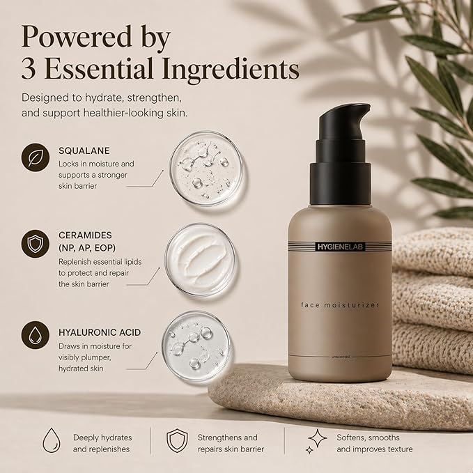 HygieneLab Face Moisturizer - EWG Verified, Unscented, Non-Greasy Hydration with Squalane, Aloe Vera, Ceramides & Hyaluronic Acid - 1.7 fl oz