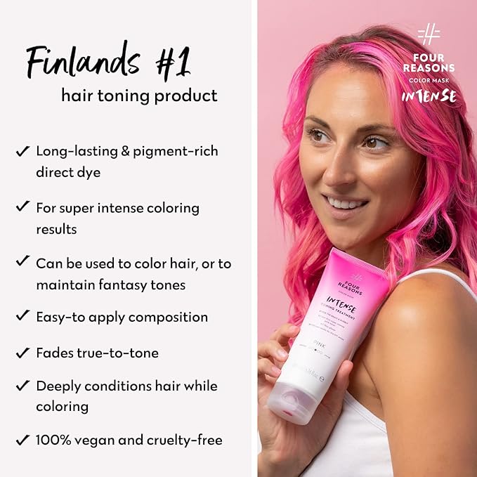 Four Reasons Color Mask INTENSE Pink (27 Colors) - Intensive Toning Treatment - Color Depositing Conditioner – Semi Permanent Hot Pink Hair Dye for Lightened and Colored Hair – 100% Vegan, 6.76 fl oz