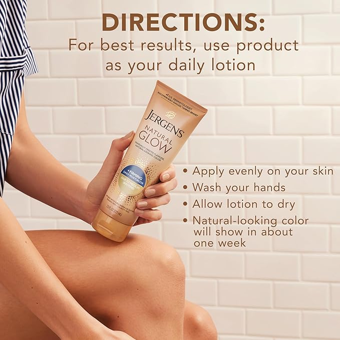 Jergens Natural Glow +Firming Self Tanner Body Lotion, Fair to Medium Skin Tone, Sunless Tanning Moisturizer with Collagen and Elastin. Helps to Visibly Reduce Cellulite, 7.5 Fl Oz (Pack of 4)