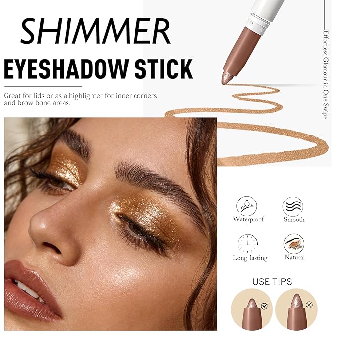 Neutral Taupe Shimmer Eyeshadow Stick, Cream Eye Shadow Stick Waterproof Long Lasting Multi-Use Eyeliner Pencil, Smooth Blendable High Pigmented Eye Crayon Makeup with Built-in Sharpener