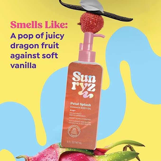 PDC Brands Sunryz Petal Splash Shimmer Body Oil and Fragrance Mist Duo Set, with Cupuaçu Seed Butter, Coconut Oil, and Açaí Fruit Oil, 2 Piece