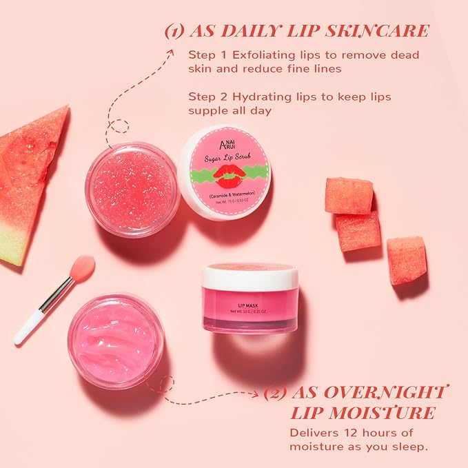 Hydrating Lip Mask Set, Lip Scrub & Lip Butter, Overnight Lip Treatment Set Enriched With Ceramide, Watermelon and Shea Butter, For A Softer & Smoother Lips, Overnight Lip Mask Gifts Kit