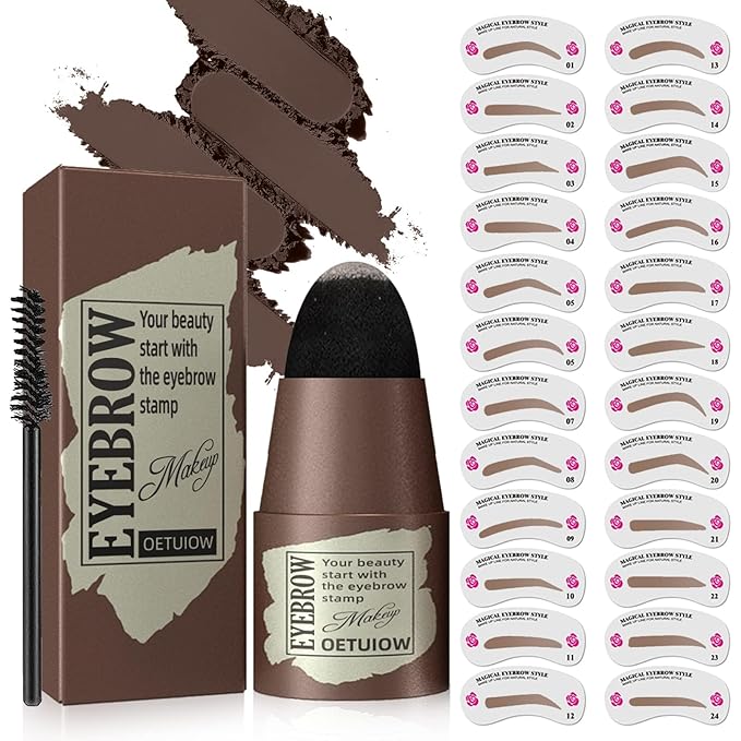 Eyebrow Stamp Stencil Kit - One-Step Eye Brow Stencil Kit with 24 Reusable Thin & Thick Eyebrow Stencils, Long-Lasting Waterproof & Smudge-Proof Brow Stamp Kit for Perfect Eye Makeup (Black Brown)
