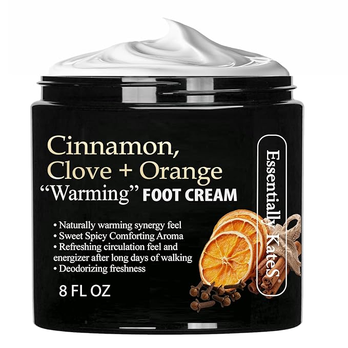Essentially KateS Cinnamon Clove Orange Warming Foot Cream 8 oz – Moisturizing Foot Cream for Dry Cracked Feet, Softening Heel Repair Lotion, Soothing Foot Care