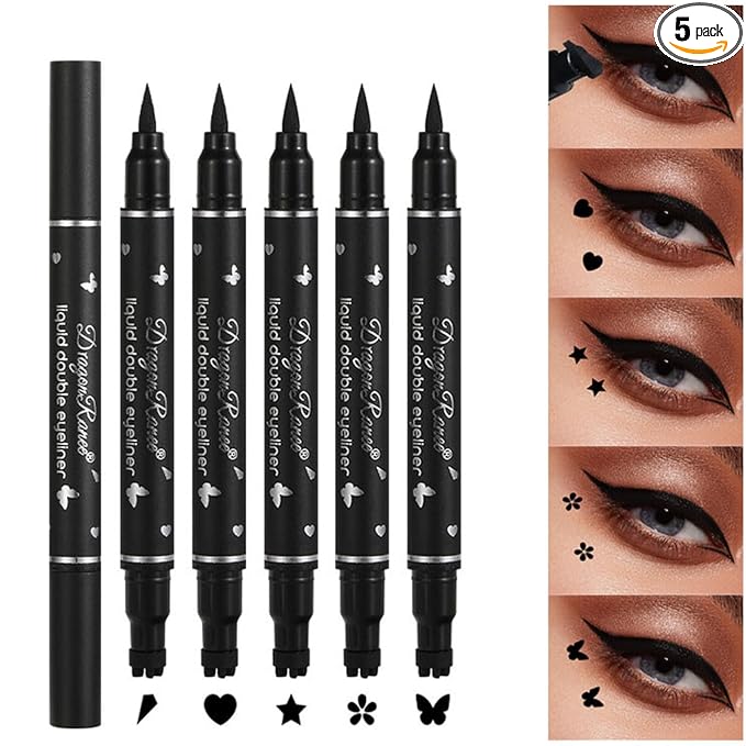 5Pcs Double-headed Liquid Eyeliner Stamp Pencil Set, Winged Eye-liner Pen, Long-lasting Black Tattoo Eye-liner delineador de ojos (Heart/Flower/Star/Butterfly/Cone) Shape Eye Liner Pencil for Women