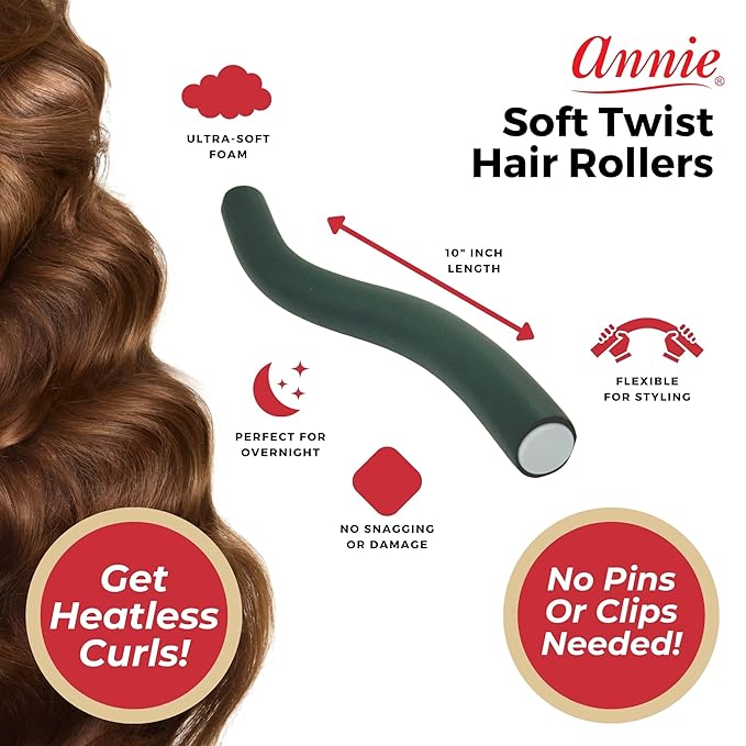 Annie Soft Twist Roller Set 1" Diameter: 4Pcs Flexible 10" Heatless Rollers (Green)