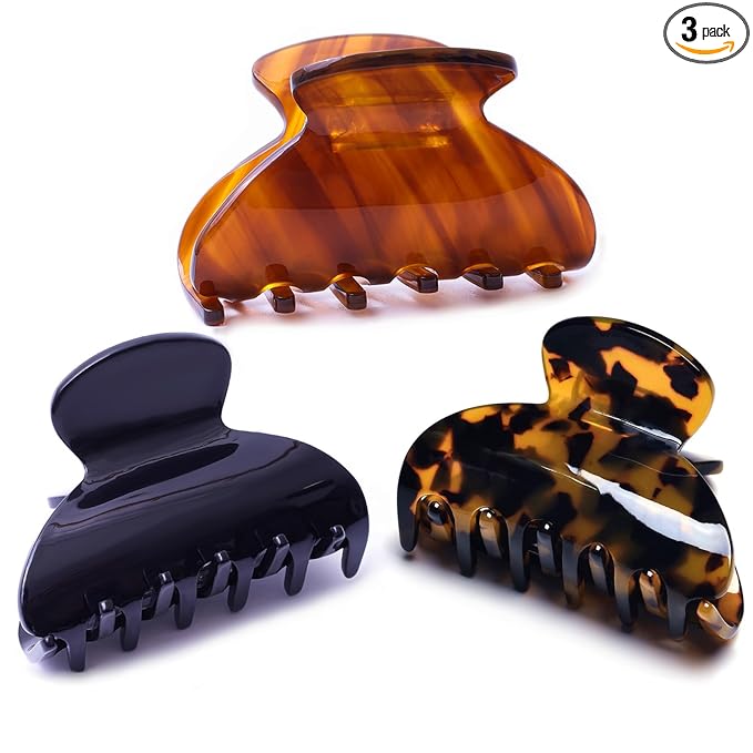 Womens Hair Clips Medium Claw Clips Tortoise Hair Jaw Clips Celluloid Hair Claw Clamps Acetate Hair Clip 3 Pack,Tortoise Shell/Black/Brown