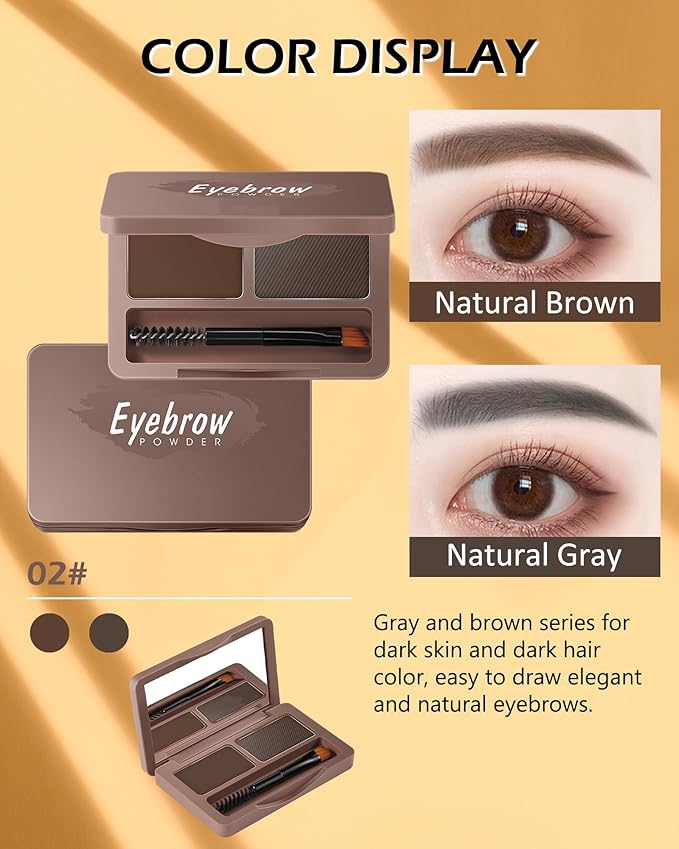 Eyebrow Powder Kit-2 Colors Soft Eye Brow Tinted Powder Palette, Waterproof & Long Lasting Natural Gray Brown Brow, Professional Eyebrow Contour Makeup Set for Women with Mirror Brow Brush & Razor-2#