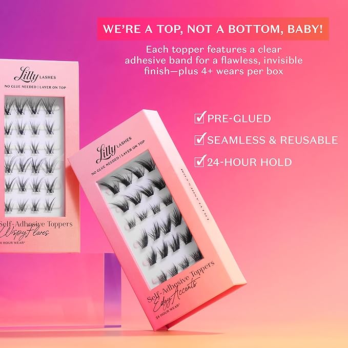 Lilly Lashes Self-Adhesive Wispy Flares Lash Clusters Toppers – Pre-Glued Clear-Band False Lashes for Effortless Application, 24 Hr All-Day Hold, Lightweight & Reusable Lash Extensions
