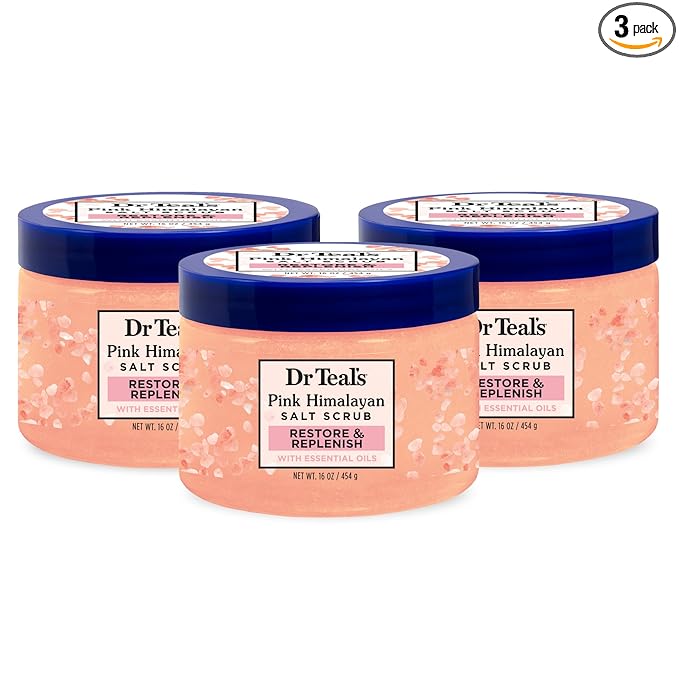 Dr Teal's Pink Himalayan Salt Body Scrub, Restore & Replenish with Pure Epsom Salt & Essential Oils, 16 oz (Pack of 3)