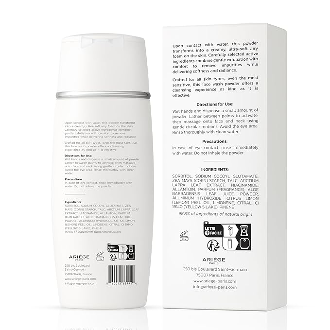 Gentle Face Cleanser Powder, Niacinamide Cleanser Face Wash for All Skin Types, Brightening Anti Aging Travel Face Wash, 98.8 Percent Natural, Made in France