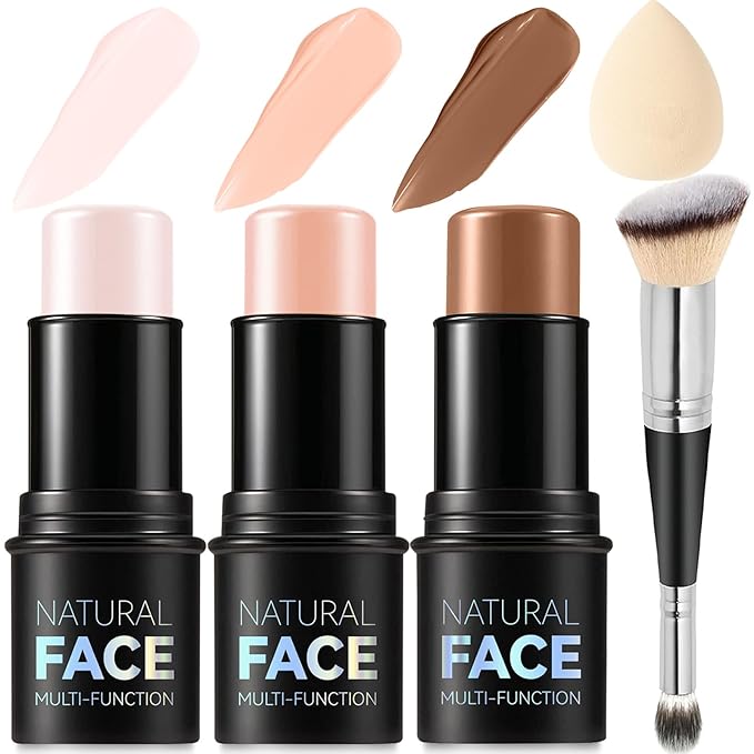 3Pcs Cream Contour Stick Makeup Kit, Shades with Highlighter, Blush and Bronzer Contour Stick for Sculpt the Cheeks, Long Lasting, Waterproof, Matte & Dewy Finish (G)