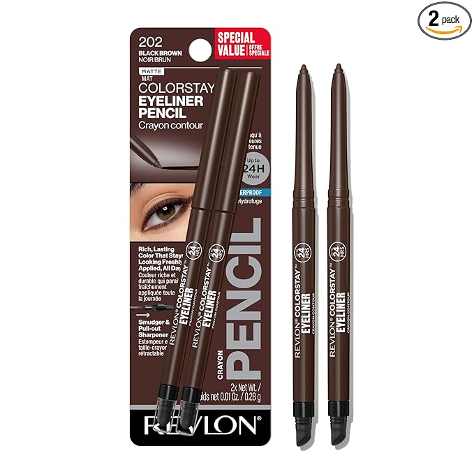 Revlon ColorStay Pencil Waterproof Eyeliner, Smudge-Proof, Eye Makeup with Built-In Sharpener, 202 Black Brown, 2 pack