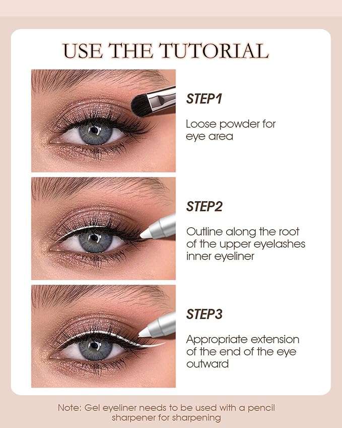 2Pcs White Waterproof Gel Eyeliner Pencils,Highlighter Eye Liner Pencil Matte Long Lasting Super Smooth formula White Eye Liner Eyeshadow Makeup Pens,Eyes Brightener Pencils with Pencil Sharpener