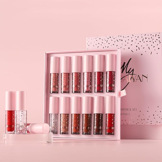 BAISEN DIARY 12 Colors Book Style Velvet Matte Liquid Lipstick Christmas Gift Set Long-Lasting Non-Stick Cup Not Fade Shimmer Nude Lip Gloss Thanks For the Love Lip Set (Set C)
