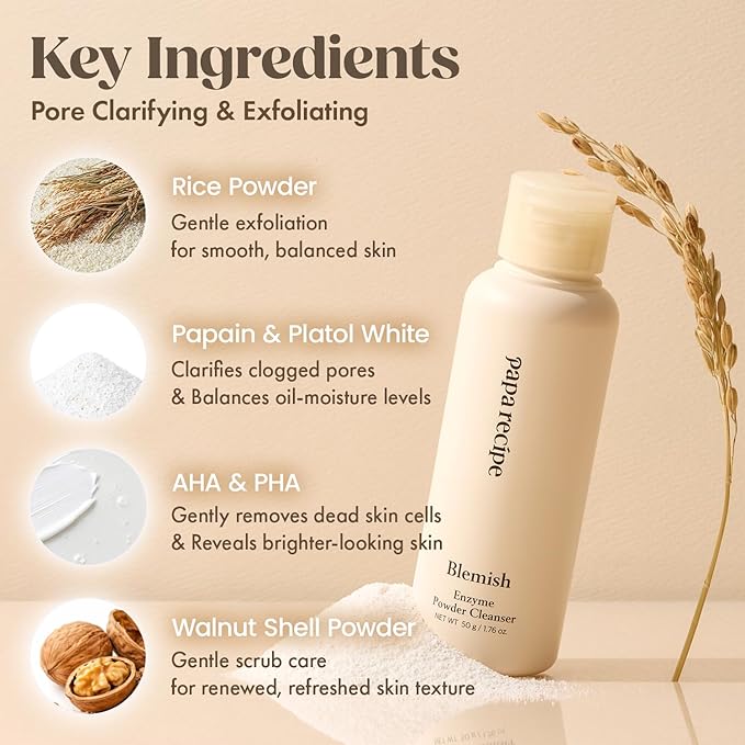 Papa Recipe Blemish Enzyme Cleansing Powder (1.7oz/50g) – Papain & Rice Powder-to-Foam Face Wash, Skin Radiance & Sebum Care, Gentle Exfoliation, Smoother Texture & Clearer Pores, Korean Skin Care