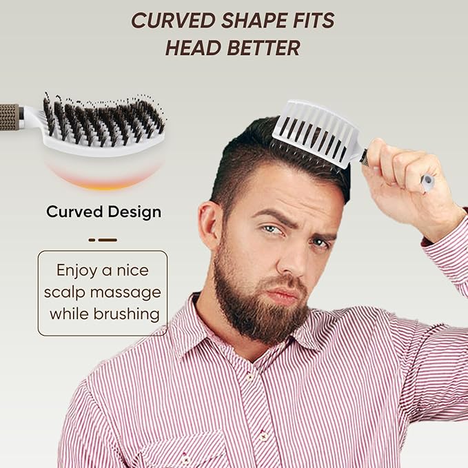 Boar Bristle Hair Brush 2PCS, Curved Vented Detangling Brush for Wet and Dry Hair, Styling Paddle Hairbrush for Women Men Kids Curly Straight Thick Long or Short Hair
