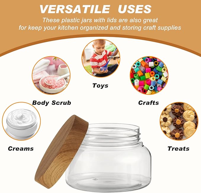 Tessco for you 24 Pack Plastic Jars with Lids Labels Multiuse Slime Containers Empty Body Scrub Jars Round Refillable Cosmetic Body Butter Container for Makeup (8 oz,Clear,Dark Beech)