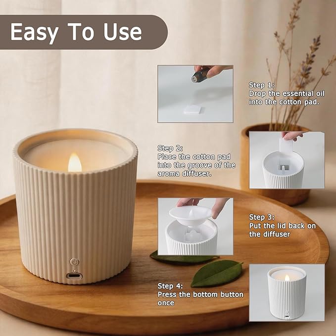 2 in 1 Waterless Essential Oil Diffuser and 3D Wick and Realistic Flame Candle,Flameless Candle Diffuser,USB Power Supply LED Candle Waterless Diffuser 12PCS Cotton Pads(No Rechargeable Battery)