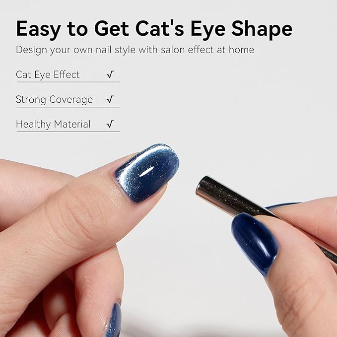 MAYCHAO 15ML Blue Cat Eye Gel Nail Polish 1Pc Denim Blue Holographic Magnetic Gel Polish Soak off UV LED Nail Lamp Curing Needed Nail Polish for Nail Art Manicure Salon DIY at Home, 0.5 OZ