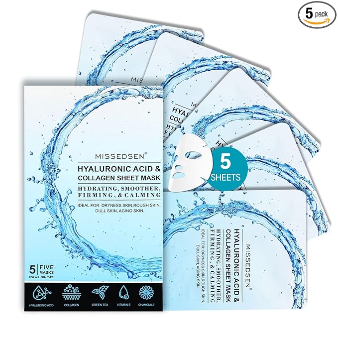 Collagen Face Mask with Hyaluronic Acid, Vitamin E Oil for Skin Care Hydrating, Moisturizing, Brightening & Anti Aging Face Masks Skincare for Oil, Dry, Acne, Sensitive All Skin Types 5PCS