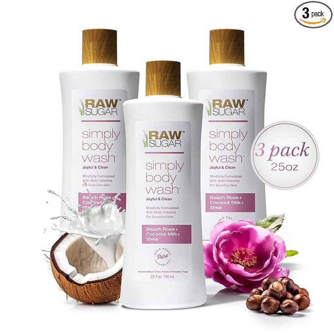 RAW SUGAR Simply Body Wash, Beach Rose + Coconut Milk + Shea (25 Fl Oz, Pack of 3) Sensitive Skin Bath Soap, Formulated without Sulfates & Parabens…