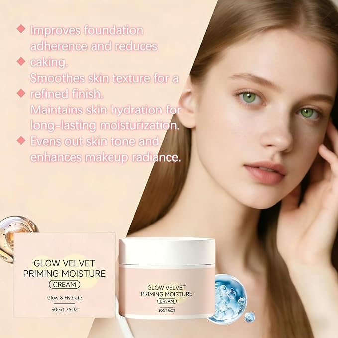 Glow Velvet Priming Moisture Cream – Korean Pore Blurring & Makeup Gripping Primer, Velvety Face Primer to Hydrate and Lock Makeup All Day, Moisturizer for All Skin Types including Mature Skin