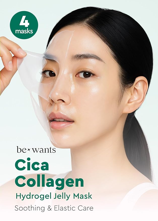 bewants Cica Collagen Hydrogel Jelly Mask with Centella Asiatica, Aloe Vera, Cucumber Extract – Moisturizing Face Sheet for Soothing, Firming, and Radiance (4 Packs)