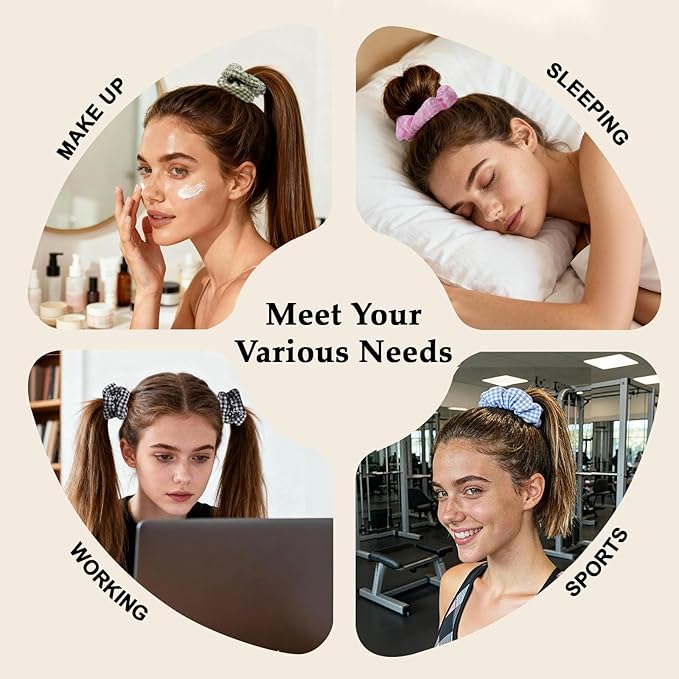 Satin Scrunchies for Women – 8PCS Plaid Mix (Light Blue, Black & White, Pink, Dark Green) Silk Hair Ties – No Crease, Frizz-Free, Retro & Chic Hair Bands for Thick & Thin Hair, Trendy Hair Accessories