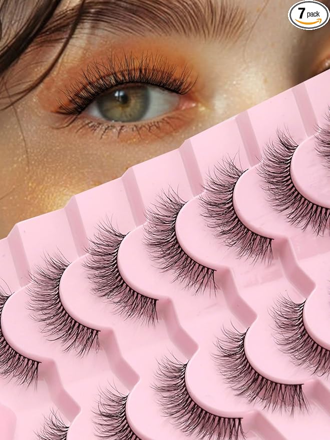 Natural Lashes Eyelashes Wispy 12mm False Lashes 3D Volume Lash Strips False Eyelashes with 0.1MM Thin Cotton Band C Curl Eyelash Pack Siligli 7 Pair