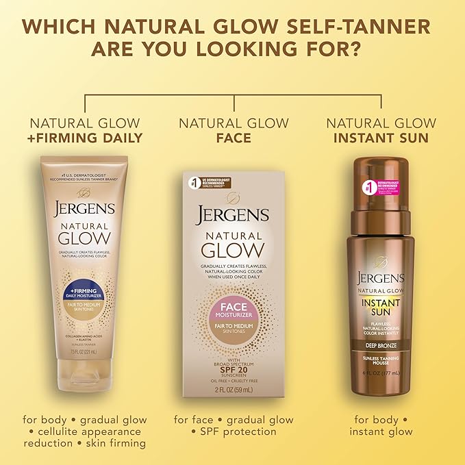 Jergens Natural Glow +Firming Self Tanner Body Lotion, Fair to Medium Skin Tone, Sunless Tanning Moisturizer with Collagen and Elastin. Helps to Visibly Reduce Cellulite, 7.5 Fl Oz (Pack of 4)