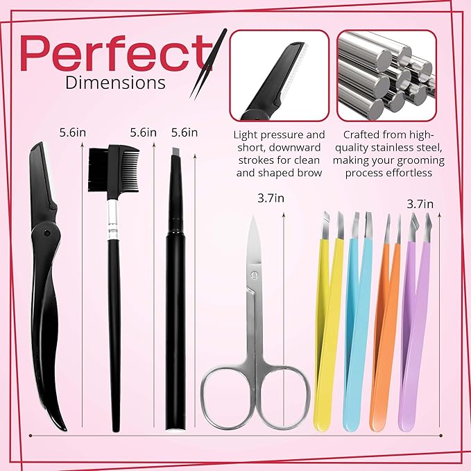Exquisite 8-in-1 Eyebrow Kit for Women & Men – Luxury Eyebrow Grooming Kit with 4 Precision Tweezers For Eyebrows, Eyebrow Razor, Eyebrow Scissors, Eyebrow Brush/Comb & Pencil with Padded Case