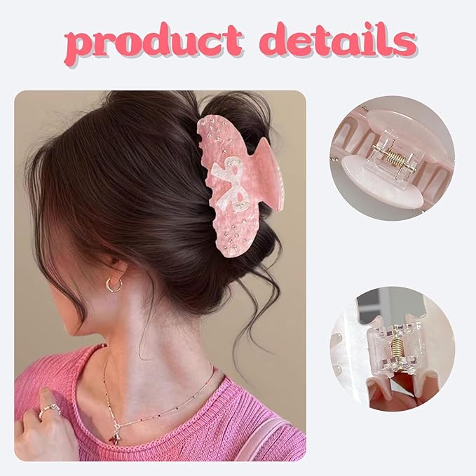 Bow Claw Clip for Women, Non-Slip Sparkling, Pink Cute Extra Large Claw Clips for Thick Hair, Strong Hold Hair Accessories for Workout Party Everyday Use