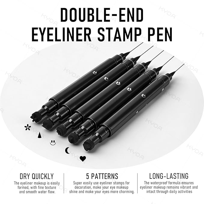 Ownest 5Pcs Eyeliner Stamp, Double-End Liquid Eyeliner Stamp Pen, Waterproof Eye Liner Pencil Set, Face Tattoo Makeup-Triangle+Smiley+Flower+Moon+Heart