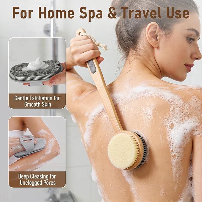 Back Scrubber for Shower + Body Scrubber 2 Pack - Dual Sided Silicone & Nylon Bristles Lather Well, Exfoliating Anti-Slip Wood Long Handle Back Scrubber Body Exfoliator for Wet/Dry Bath Brush Grey
