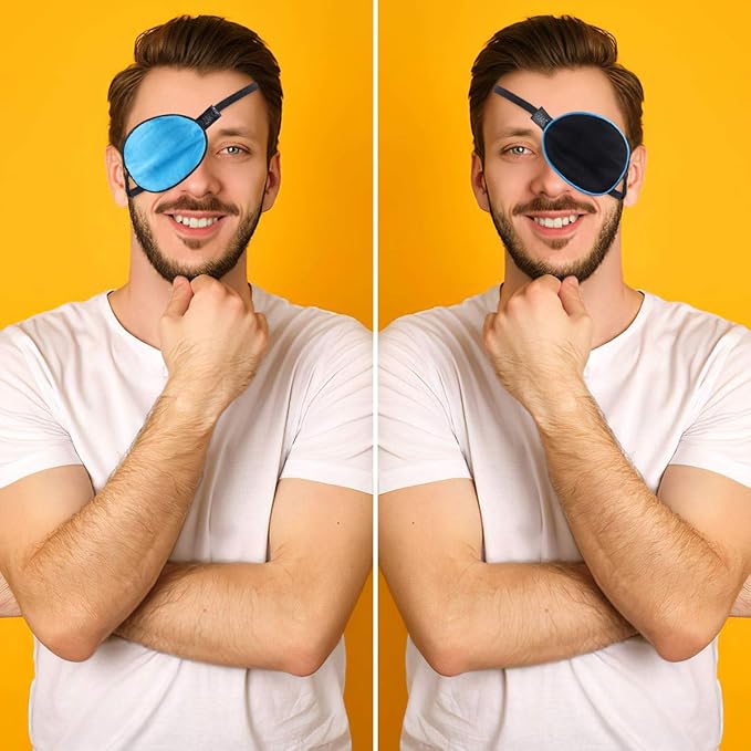 eZAKKA 2 Pieces Silk Eye Patch Medical Eye Patch for Adult Women Elastic Lazy Adjustable Single Eyepatch with Elastic Strap (L, Blue+Black)