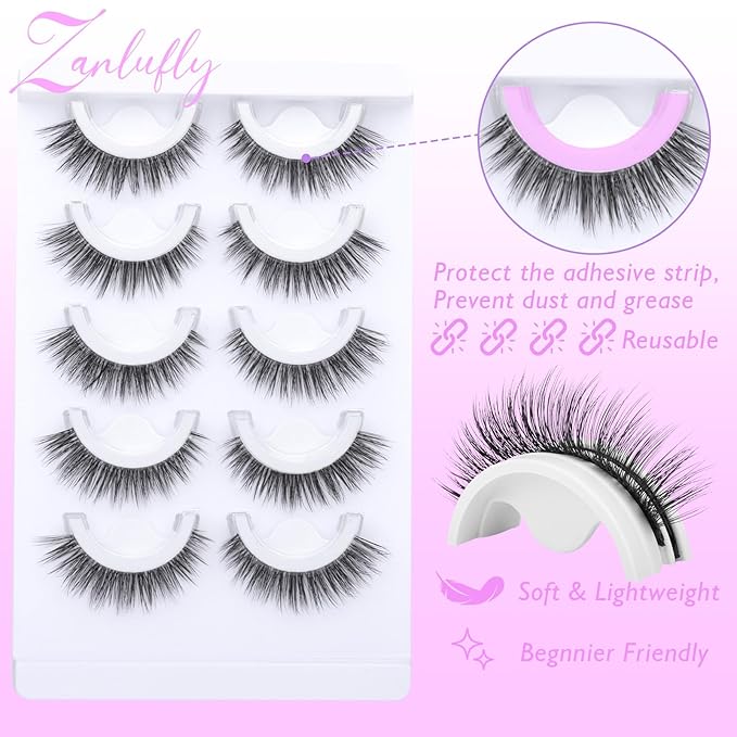 Natural Self Adhesive Eyelashes Wispy Self Adhesive Lashes 3D No Glue Lashes Reusable Cat Eye Lash Faux Mink Eyelashes 5 Pairs by ZANLUFLY