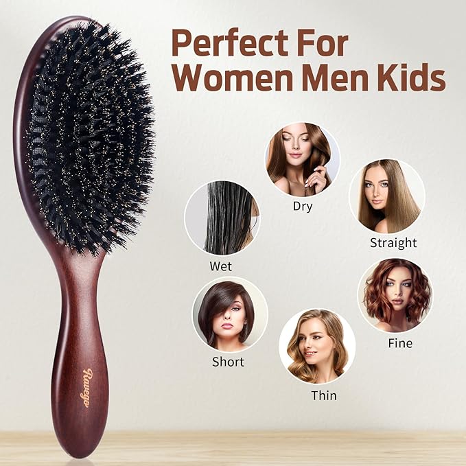 Hair Brush, Boar Bristle Hair Brush for Women Men Kids, Nature Bristles Hairbrush for Thin Fine All Hair Type, Restore Shine And Texture, Set Includes Cleaning Tool