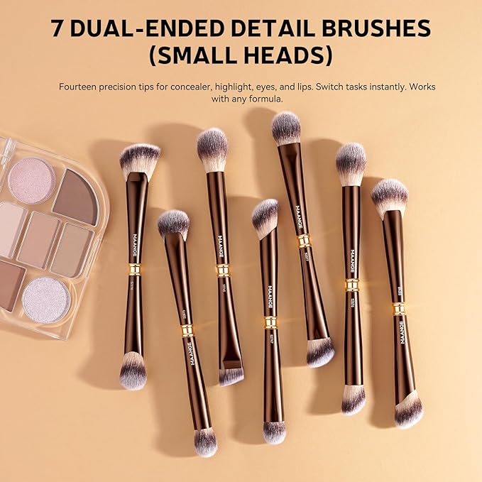 MAANGE Makeup Brush Set with Case Double-ended Make up Brushes for Foundation Contour Liquid Powder Concealer Eye Shadows Cream Blush Makeup Tools (Coffee Brown, 13 PCS)
