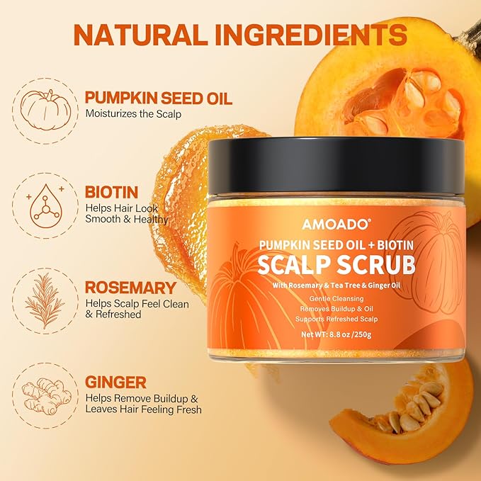AMOADO Scalp Scrub, Pumpkin Seed Oil Scalp Exfoliator With Biotin & Rosemary, Sulfate Free Scalp Detox for Itchy Scalp & Dandruff & Buildup Removal & Hair Growth, Hair Scrub with Scrubber