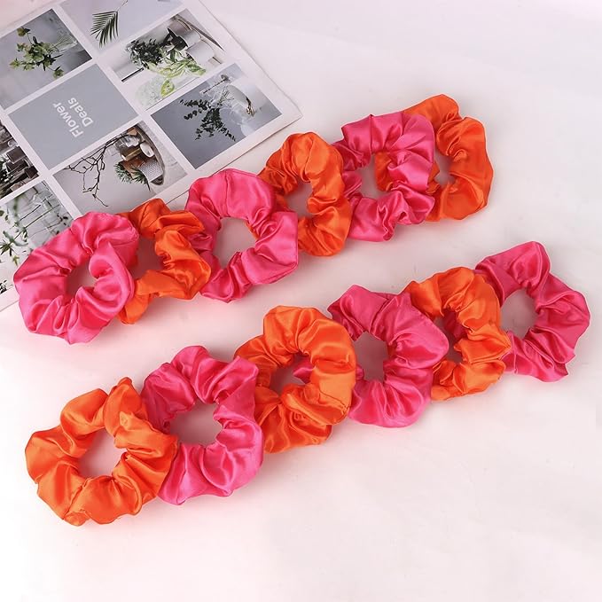 Silk Satin Scrunchies for Women Girls 12 PCS Pink and Orange Hair Scrunchies Silk Satin Hair Ties for Thick Hair Bulk Hair Ties Hair Accessories