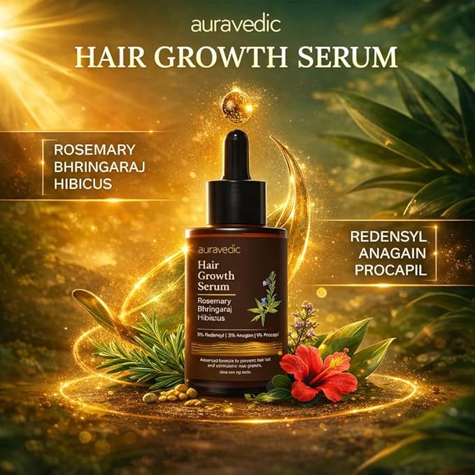 Auravedic Hair Growth Serum with 3% Redensyl & 4% Anagain | Nourishes Roots, Reduces Breakage & Supports Fuller Looking Hair | Rosemary, Bhringraj, Hibiscus | 1.01 Fl Oz (30ml)