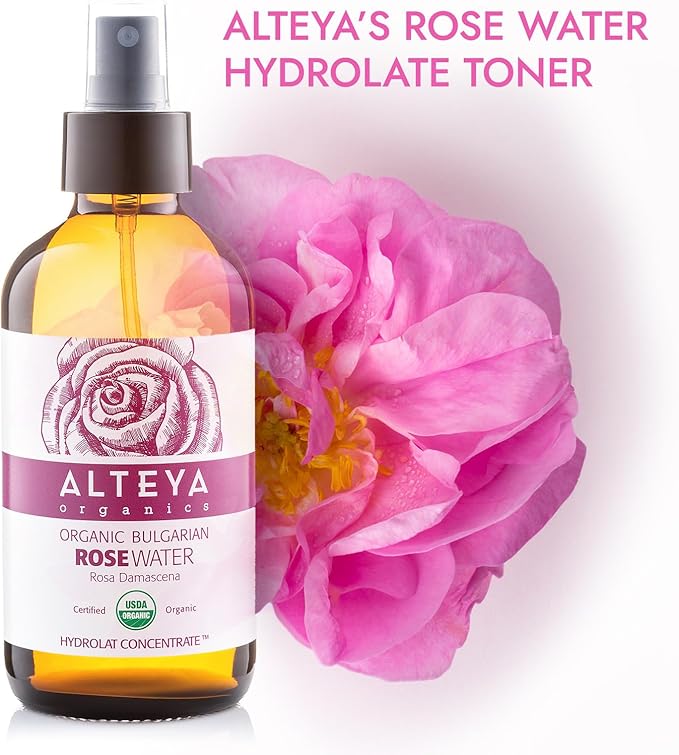 Alteya Organics Rose Water USDA Certified Organic Facial Toner, 2 Fl Oz/60mL Pure Bulgarian Rosa Damascena Flower Water, Award-Winning Moisturizer Amber Glass Spray Bottle